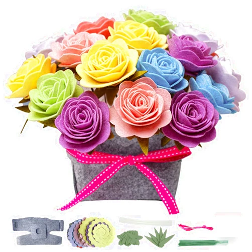 BAZIMA ALICE BAZIMA DIY Felt Flower Art Craft Kit, DIY Felt Colorful Roses Bouquet Kit,DIY Felt Colorful Roses Pot Bonsai Kit, Floral Gifts,Beginner Craft Kit,Arrange Pre-Cut Felt Flowers and Foliage