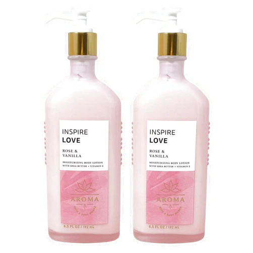 Generic Bath and Body Work Aroma Inspire Love ROSE & VANILLA 2 Pack Moisturizing Body Lotion Bundle - 6.5 fl ozz / 192 mL each, pink