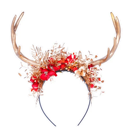 MOSTORY Handmade Gold Antler Headband - Woodland Reindeer Hairdband with Flowers Fairy Floral Deer Horns Headpiece for Women Girls Witch Renaissance Halloween Cosplay Party Photography