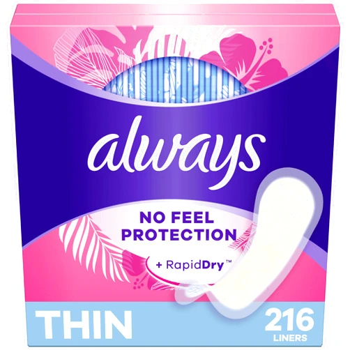 Always Thin No Feel Protection Daily Liners, Regular Absorbency, Unscented, 216 Count