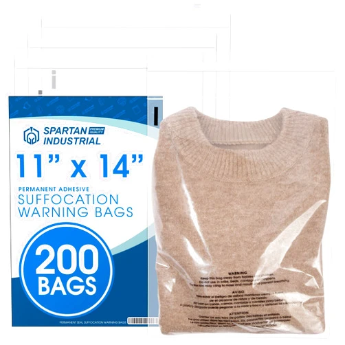 Spartan Industrial - 11” X 14” (200 Count) Self Seal Clear Poly Bags with Suffocation Warning for Packaging, T Shirts - Permanent Adhesive