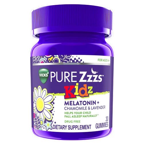 ZzzQuil Vicks Pure Zzzs Kidz Melatonin Lavender & Chamomile Sleep Aid Gummies for Kids & Children, Natural Berry Flavor, 0.5mg per Gummy, 30 Count
