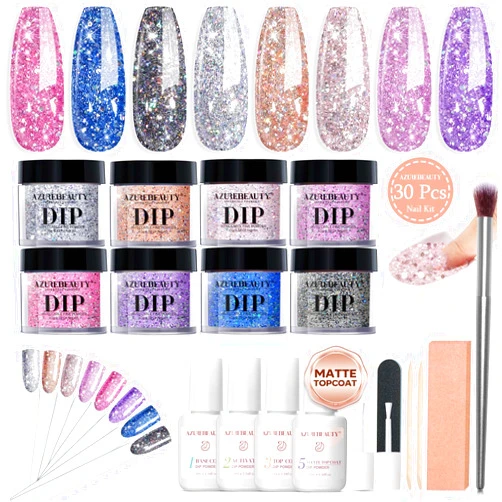 AZUREBEAUTY Dip Nails Powder Starter Kit, Silver Pink Blue Purple Black Shiny Chrome Platinum 8 All Season Colors with Nail Sticks, Base Glossy/Matte Top Coat Activator Liquid Set Manicure Art 30 PCS