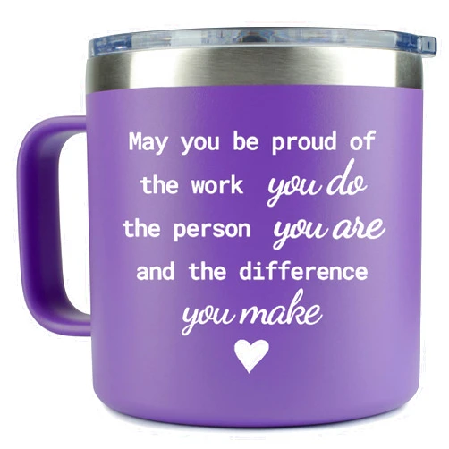 KLUBI May You Be Proud Of The Work You Do - Therapists Gifts for Women 14 Ounce Tumbler Purple Mug Gifts for Therapists Female Thank You Gifts for Women Cute Employee Appreciation Gifts for Coworkers
