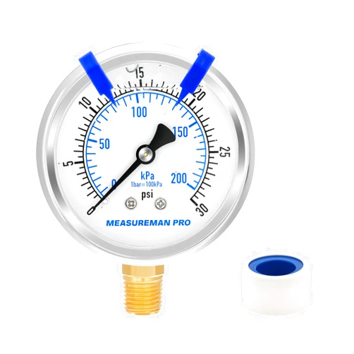 MEASUREMAN PRO 2.5'' Glycerin Filled Pressure Gauge, 0-30psi/kpa, 304 Stainless Steel Case, 1/4