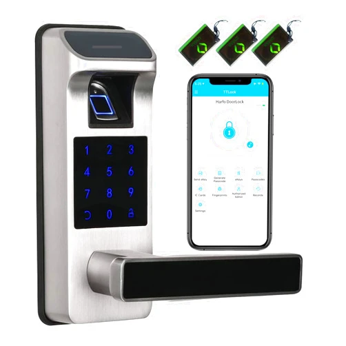 Harfo Smart Door Lock, Heavy Duty 5 in 1 Keyless Entry Door Lock, Full App Control Digital Keypad Lock, Reversible Handle with Fingerprints and Passcodes for Family/Office/Apartment (Satin Nickel)