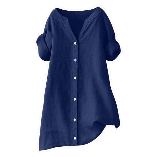 Generic Linen Shirts for Women 2024 Summer Trendy Plus Size Casual Blouses V Neck Button Down Long Sleeve Loose Comfy Tops