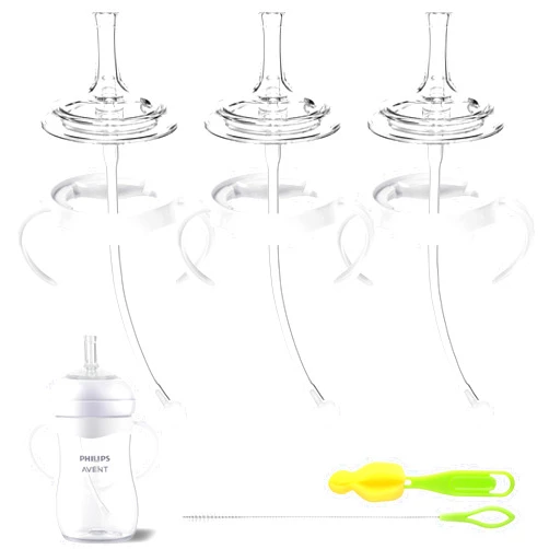 Qunland Straw Cup Conversion Kit for Philips Avent Natural Baby Bottles, Sippy Cups Transition Kit with Silicone Straw Top Nipples, Weighted Straw, Bottle Handle, Cleaning Brush for Toddler 6+ Month, 3-Pack