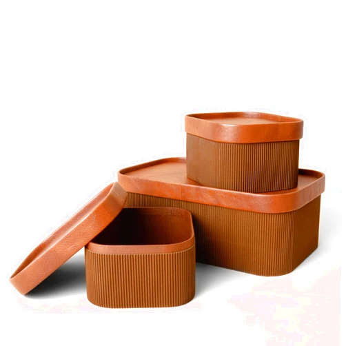LA JOLIE MUSE Fluted Cardboard Storage Baskets with Leather-Like Lids, Sturdy Stackable Paper Boxes Decorative Tray, Chocolate Brown, Set of 3
