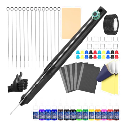 ATOMUS Tattoo Stick Manual Pen Kit Home Tool Kit with 14 Colors Inks Needles Practice Skin Table Mats Ink Cups Transfer Papers