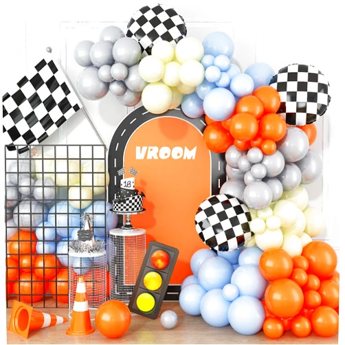 FunHot Race Car Balloon Garland Arch Kit, Blue Yellow Grey White Coral Red Latex Balloons,Racing Car Party Supplies,Checkered Balloons for Racing Car Theme Party Birthday Decorations