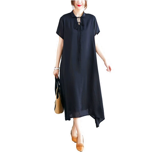 ellazhu Women's Short Sleeve Solid Color Floral Hem Maxi Length High Low Dress GA2695