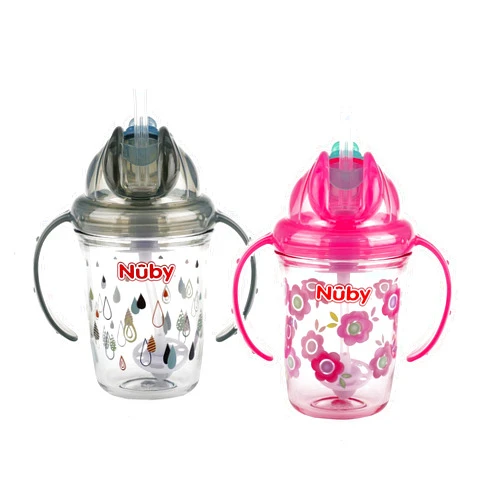 Nuby Tritan No Spill Flip N' Sip Twin Handle Printed Cup with 360 Weighted Straw, 2 Count-Pink/Gray