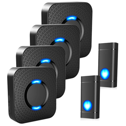 COTINSE Wireless Doorbells, COTINSE Waterproof Door Bell Ringer Wireless, Operating at 1300-ft 58 Doorbell chimes & 5 Volume Levels, LED Strobe, 2 Push Buttons + 4 Plug in Receivers