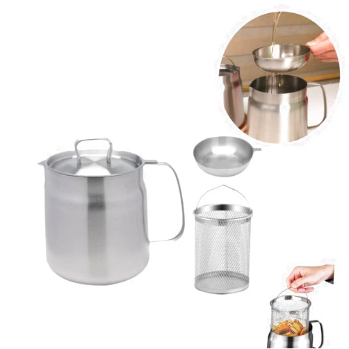 FANSUIT Stainless Steel Oil Filter Pot, 304 Stainless Steel, Large Capacity, Versatile Oil Filter Vessel, Multi-Function Frying Net Tank for Kitchen/Camping (68 Oz)