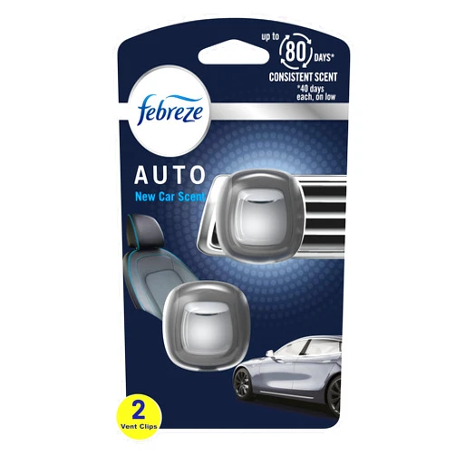 Febreze AUTO Air Freshener, Odor-Fighting Automotive Vent Clip, Scented Car Accessories, Long Lasting for Strong Odors, New Car Scent, 2 Count