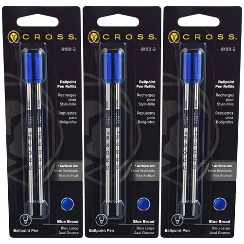 Cross Ballpoint Pen Refill, Broad Blue, 3 Pack 2 Per Card (8100-2)