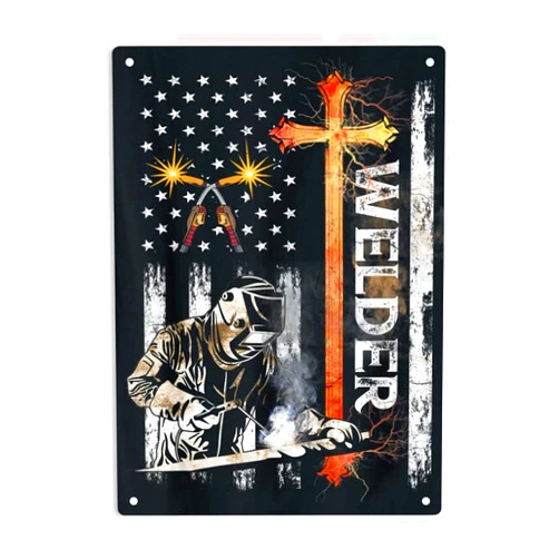 ERMUHEY Welder American Flag Welding Faith Cross Christian Signs Metal Tin Sign, Welder Poster for Home/Office/Garages/Bedroom/Cafes Bars Pub/Man Cave Wall Decor Plaque Sign 12x8 Inch