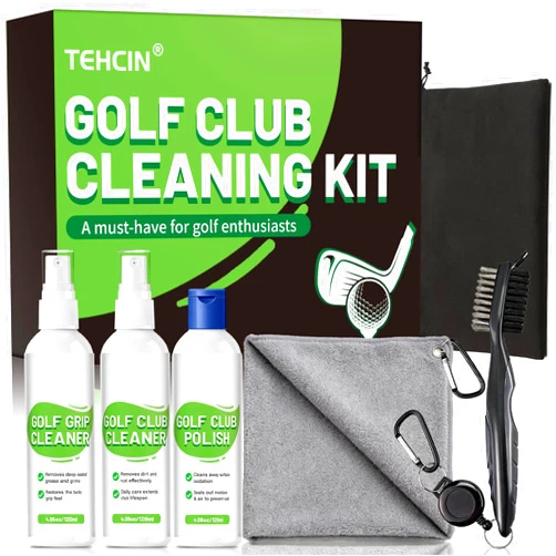 TEHCIN Pro Golf Club Cleaning Kit – Cleaner, Polish, Grip Cleaner, Brush, Towel & Bag | Restores Irons & Drivers, Removes Rust & Scratches, Renews Grip | Golf Gifts for Men