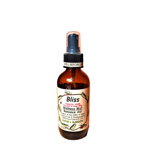 Hank's Garden BLISS Romance Wellness Body Room Spray Mist - Tangerine, Vanilla, Ylang Ylang & Patchouli - 100% Pure Essential Oils, Vegan, Organic, Biodegradable, Non GMO, Cruelty Free (4 oz)