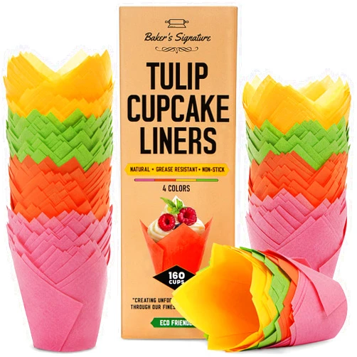 Baker's Signature Tulip Cupcake Liners, Muffin Liners for Baking by Baker’s Signature – 160pcs of Parchment Paper Cups Cupcake Wrappers – Perfect Size, Sturdy, Greaseproof & Easy to Use – Colorful