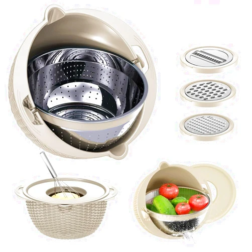 Nexibiz 4 in 1 Colander with Mixing Bowl Set - Fruit Washing Bowl with Strainer, Rotating Strainer Bowl and Smart Basket Strainer - Kitchtree Fruit & Vegetable Strainer Attachment Set, 4 in One Colander Biege