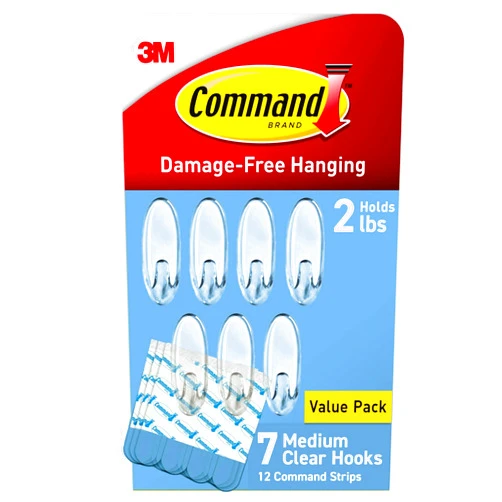 Command Clear Medium Hooks, 7 Hooks, 12 Strips - Easy to Open Packaging, Organize Damage-Free
