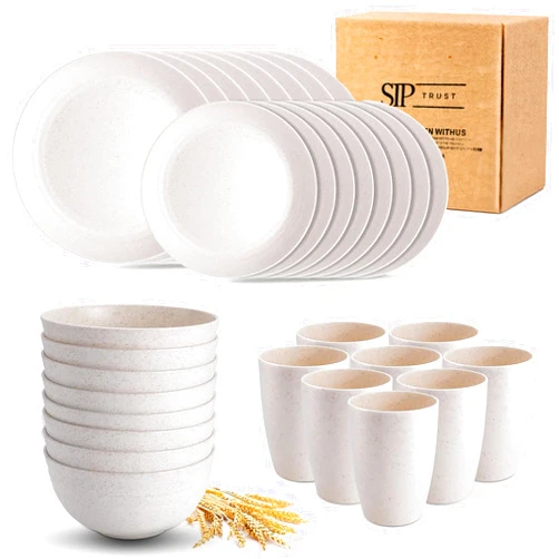 SIP TRUST 24PCS Wheat Straw Dinnerware Sets for 6, Reusable Kitchen Plates and Bowls Sets, Unbreakable Plastic Dishes Set, Dinner Plates, Dessert Plates, Cereal Bowls, Cups, Microwave Safe (Beige)