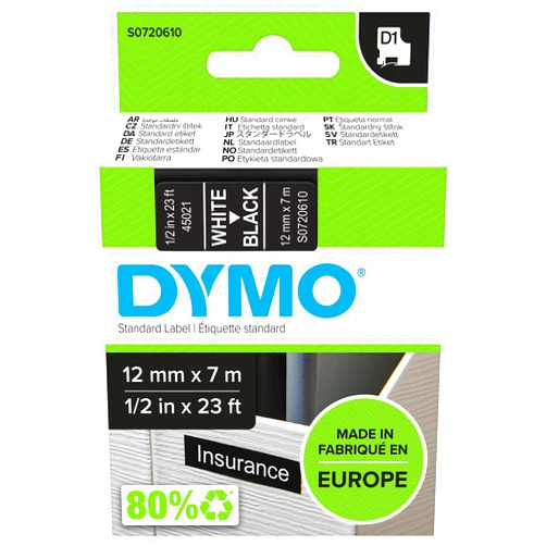 Dymo D1 Standard Labelling Tape 12mm x 7m - White on Black