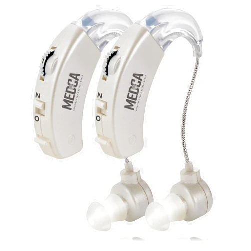 MEDca Behind the Ear Sound Amplifier - BTE Hearing Ear Amplification Device and Digital Sound Enhancer PSAD for the Hard of Hearing, Noise Reducing Feature, White