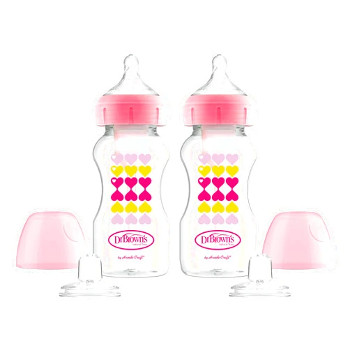 Dr. Brown's Dr. Brown’s Anti-Colic Options+ Wide-Neck Sippy Bottle Starter Kit, 9oz/270mL, with Level 3 Medium-Fast Flow Nipple and Soft 100% Silicone Sippy Spout, Pink, BPA Free, 6m+, 2 Pack