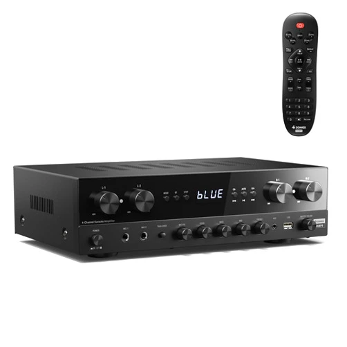 Donner Stereo Receivers Home Audio Amplifier, Premium 1000W Peak Power 4 Channel Amplifier with Bluetooth 5.0, USB, FM, 2 Mic-in, Echo, RCA, Optical/Coaxial Input for Home, Karaoke, Theater Speakers