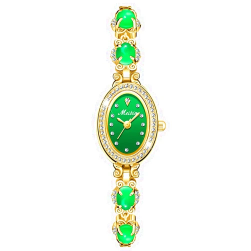 Deselon Watches for Women Green Bracelet Crystal Diamond Bangle Ladies Female Small Fashion Luxury Thin Waterproof Quartz Girls Wife Gifts Oval Gold Wrist Watch