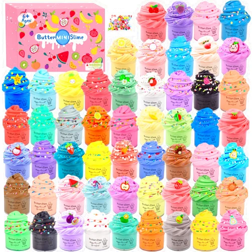 WUJYLY Slime Kit with 54 Pack,Valentines Mini Butter Slime, Non-Sticky and Super Soft, for Girls 10-12, Fruit Slime Party Favors Kids, Birthday Gift, DIY Putty Toy Boys
