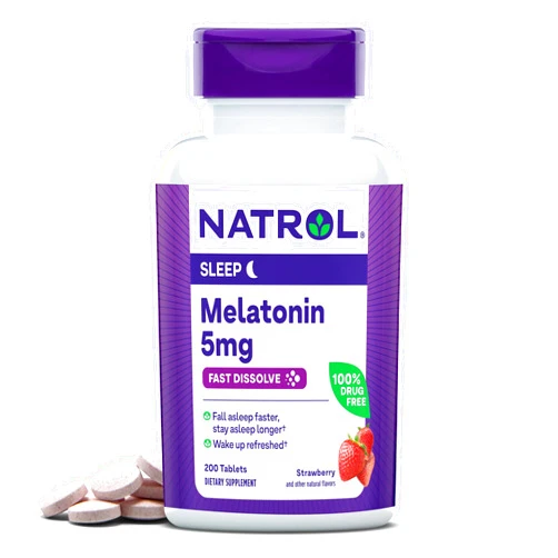 Natrol Sleep Melatonin 5mg Fast Dissolve Tablets, Nighttime Sleep Aid for Adults, 200 Strawberry-Flavored Melatonin Tablets, 200 Day Supply