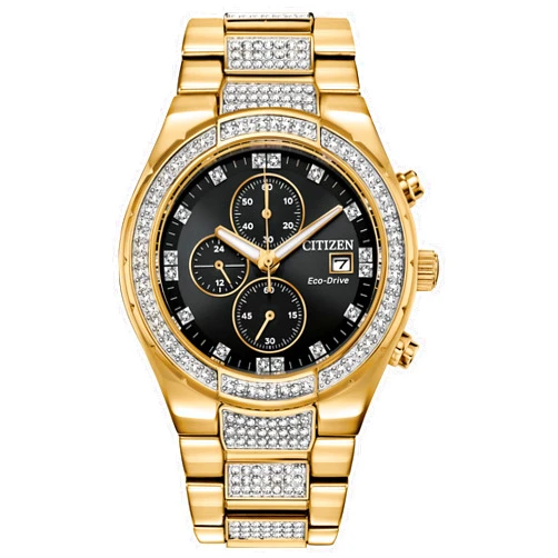 Citizen Men's Eco-Drive Classic Chronograph Crystal Watch in Gold-tone Stainless Steel, Black Dial (Model: CA0752-58E)