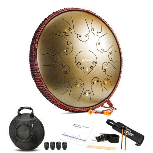 Rakumi 14 Inch 15 Note Steel Tongue Drum Percussion Instrument Lotus Hand Pan Drum with Ultra Wide Range and Drum Mallets Carry Ba