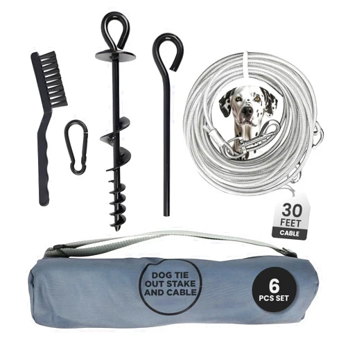 Top Dog Pet Gear Heavy Duty Dog Tie Out Cable and Stake Set - 30ft Leash for Large Dogs, Cleaning Brush, Metal Carabiner, Lever Tool, Sturdy Spiral Stake - Dog Runner for Yard, Park, & Beach - Top Dog Pet Gear