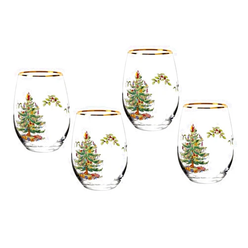Spode Christmas Tree 19oz Stemless Wine Glasses, Set of 4 - Vintage-Inspired Holiday Drinkware with Cozy Seasonal Charm, Ideal for Mulled Wine at Festive Gatherings & Holiday Entertaining