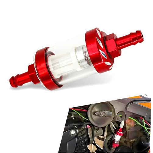 Eratus Inline Fuel Filter, CNC Alloy Transparent Tempered Glass Visualization Structure Modified Oil Cup, High Efficiency Filtration Removable Filter, for Most Motorcycles ATVs Scooters (Red)