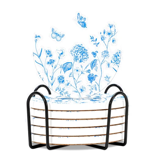 JarThenaAMCS 6Pcs Blue Floral Coaster with Holder Wildflower Butterfly Drink Coasters Absorbent Ceramic Coasters for Home Decor Table Protection Housewarming Gifts