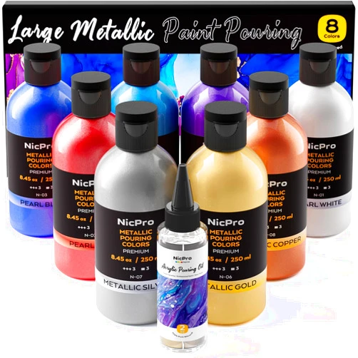 Nicpro 8 Colors 8.45oz Metallic Acrylic Pour Paint Supplies Kit, Large Volume Ready to Pour Premixed High Flow Pouring Paint Set with Silicone Pouring Oil, Gloves, Instructions for Beginner DIY
