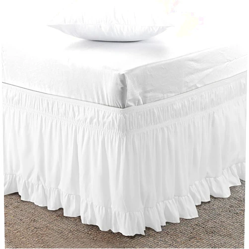 Lewondr Ruffled White Bed Skirt for Queen & King Size Bed, 15 Inch Drop, Wrap Around with Adjustable Elastic Belt Dust Easy Fit Wrinkle & Fade Resistant Silky Luxurious Fabric Solid Machine Washable