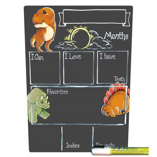 Cohas Monthly Milestone Board for Baby with Dinosaur Theme, Reusable Chalkboard Style Surface, and Liquid Chalk Marker, 9 by 12 Inches, White Marker