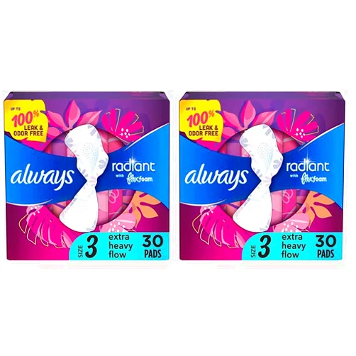 Always Radiant Feminine Pads for Women, Size 3 Extra Heavy Absorbency, with Flexfoam, with Wings, Light Clean Scent, 30 Count (Pack of 2)