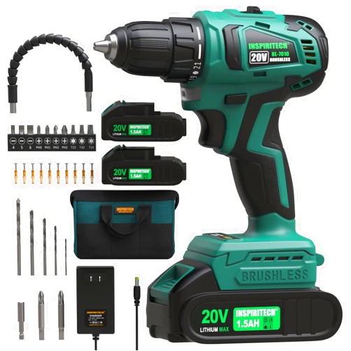 INSPIRITECH 20V Cordless Drill, Brushless Power Drill Set with 2 Batteries and Charger,3/8-Inch Chuck Electric Drill Driver,22 Torque Setting,Drill/Driver Bits and Tool Bag Included