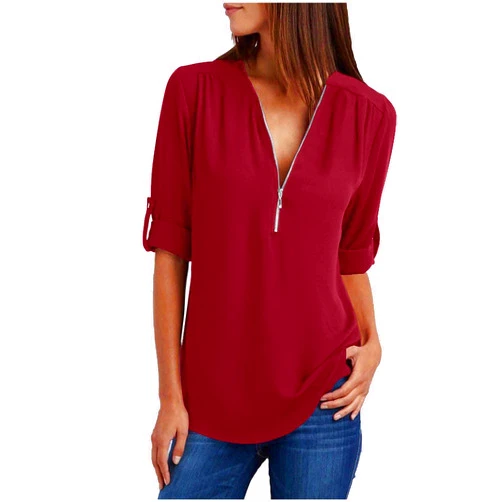 Generic Blouses for Women Dressy Casual 3/4 Sleeve Quarter-Zip Solid Fashion Shirts Summer Solid Pullover Tops Trendy Clothes