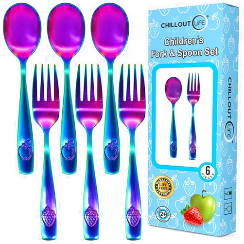 CHILLOUT LIFE 6 Piece Stainless Steel Kids Silverware Set - Child and Toddler Safe Flatware - Kids Utensil Set - Metal Kids Cutlery Set (Includes 3 Small Kids Spoons & Kids 3 Forks, UV Rainbow)