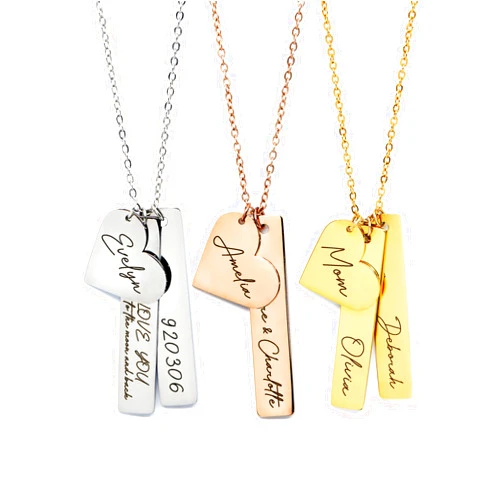 MignonandMignon Custom Name Necklace Kids Personalized Mother's Day Gift Gold Bar Engraved Jewelry Birthday Heart Charm Best Unique for Women -H8N