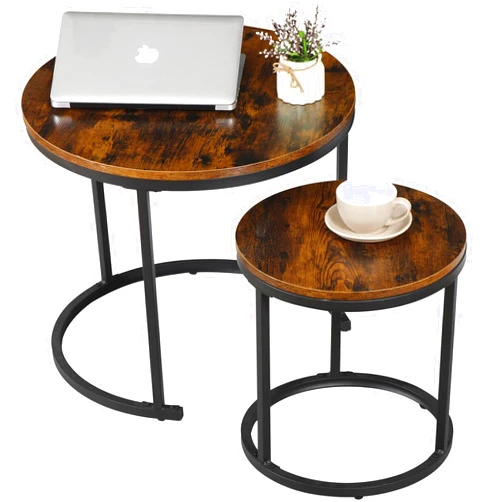SUPER DEAL Small Round Coffee Tables for Living Room Apartment, Set of 2 Industrial Nesting Side End Table w/Wooden Surface Top and Sturdy Metal Legs Modern Table, Rustic Brown